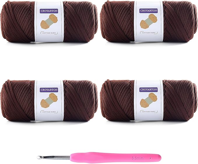 4 Pack Tshirt Yarn for Crocheting, Elastic T Shirt Spaghetti Thick Knitting Yarn Total Length 260 Yds for Crochet Bag Baskets Home Decor with 1 Crochet Hook (4-Deep Coffee)