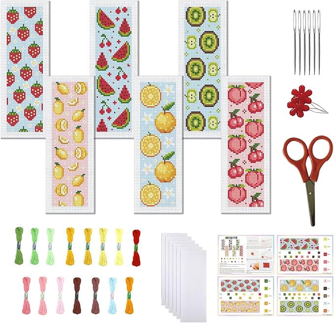 FREEBLOSS 6 Set Cross Stitch Bookmark Kit Stamped Cross Stitch Kit Refreshing Fruits Theme Embroidery Set with Instruction for Adults 8''*2.4''