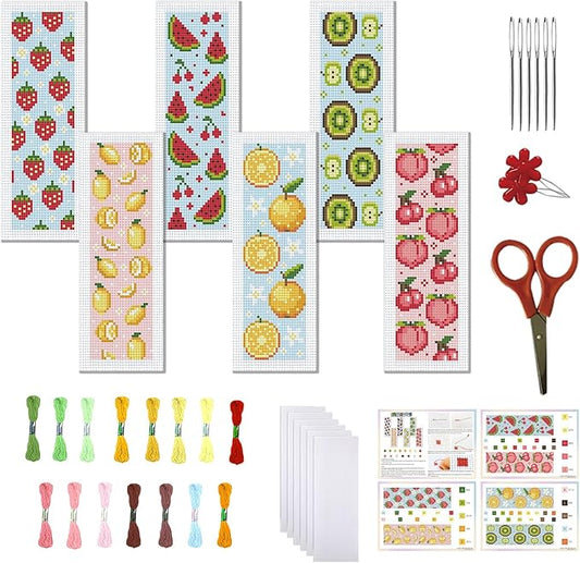 FREEBLOSS 6 Set Cross Stitch Bookmark Kit Stamped Cross Stitch Kit Refreshing Fruits Theme Embroidery Set with Instruction for Adults 8''*2.4''