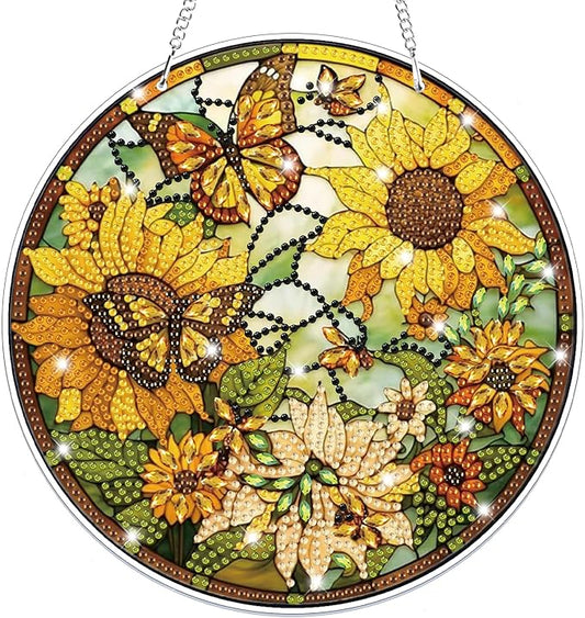 Bowetile Sunflower Diamond Art Hanging Kits for Adults, 5D Special Shape Diamond Painting Butterfly Pendant Kits, Animal Gem Art Suncatchers Painting Ornament for Home Garden Wall Decor