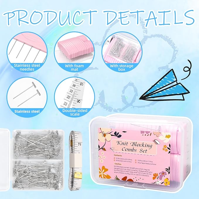 Knit Blocking Combs Pins, 20 Pcs Knit Blocking Combs for Blocking Knitting, 100 Pcs T-Pins Knitter Crochet, Tape Measure Ruler, Sewing Lace or Needlework Projects with Knitting Blocking Tools