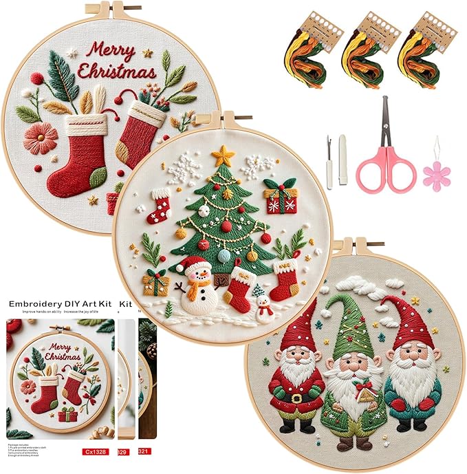 COCOMOX Christmas Embroidery Kit for Beginners, 3 Set Cross Stitch Kits for Adults Santa Claus Christmas Tree Patterns Handmade DIY Gift