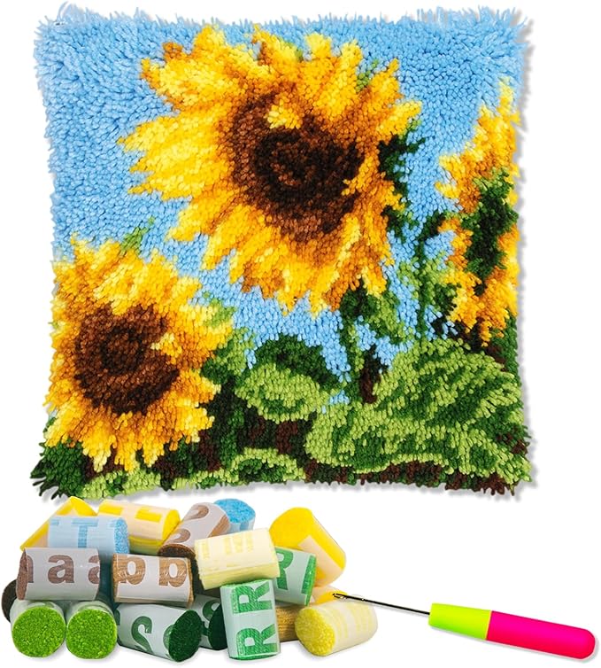 LAPATAIN Latch Hook Kits for DIY Throw Pillow Cover,Sunflower Needlework Cushion Cover Hand Craft Crochet for Great Family 17x17inch