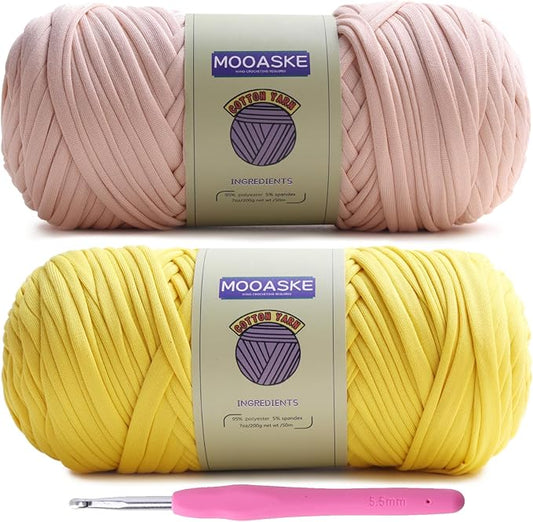 2 Pack T-Shirt Crochet Yarn for DIY Knitting Crochet Cloth Blanket Bag Dolls - 400g Chunky Thick Yarn for Crocheting with Polyester-Spandex Blend Elastic Fabric (Beige+Yellow)