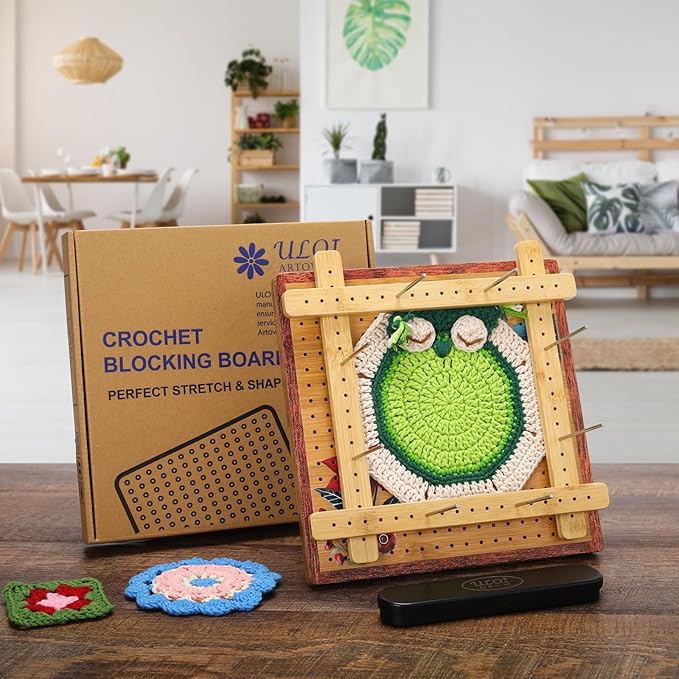 10”Crochet Blocking Board - Upgraded Style with 4 Tension Rods and 20 Pegs – Blocking Boards for Crochet Projects, Ideal for Granny Square Card Deck Users (Crimson)