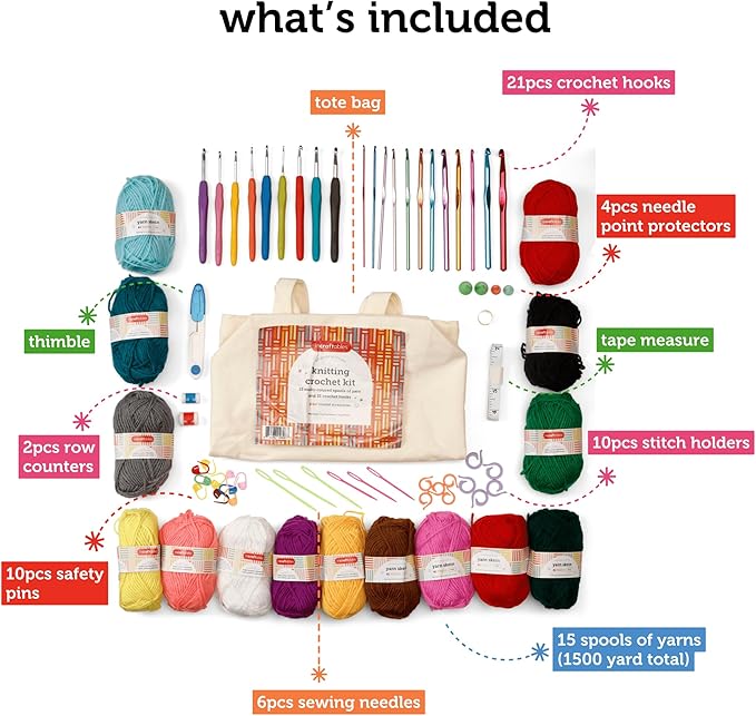 Incraftables Crochet Kit for Beginners – 85 Piece Beginner Crochet Kit for Adults & Kids with Yarn, Hooks, Accessories & Bonus Tote Bag Organizer – Learn to Crochet with Complete Starter Set
