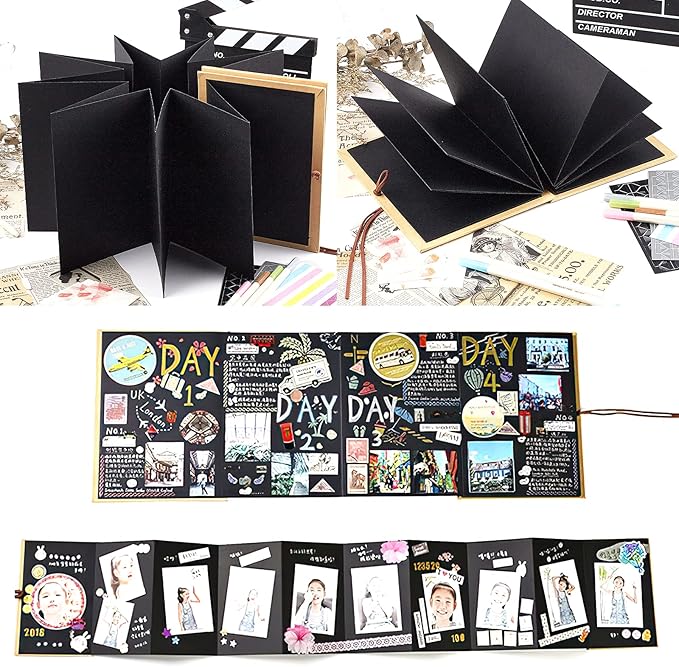Scrapbook Album 6x8 Inch Small Photo Album with DIY Accessories Set, Stretchable Folding Kraft Paper Memory Book for Wedding Anniversary (Black)