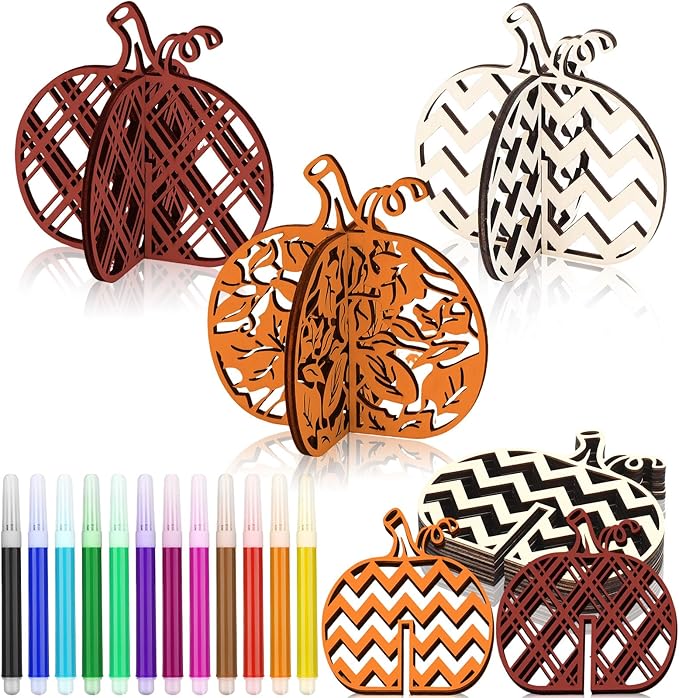 Huwena 36 Pcs Fall Crafts Set 24 Pumpkin Wood Cutouts for Thanksgiving Crafts 3D Unfinished Pumpkin Wooden Slices with 12 Colored Markers for Autumn Harvest DIY Table Tiered Tray Decor