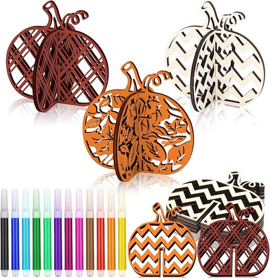 Huwena 36 Pcs Fall Crafts Set 24 Pumpkin Wood Cutouts for Thanksgiving Crafts 3D Unfinished Pumpkin Wooden Slices with 12 Colored Markers for Autumn Harvest DIY Table Tiered Tray Decor