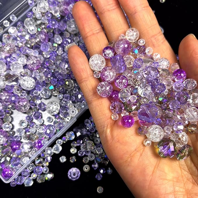 1000Pcs Glass Beads for Jewelry Making Crystal Beads for Bracelet Craft Necklace Earring Making Assorted Color 5 Style/Crackle Round/Briolette Faceted/Bicone/Cube/Four-Leaf Clover / 4 Size