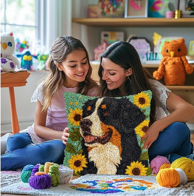 DIY Latch Hook Pillow Kits for Adults Bernese Mountain Dog and Sunflower Printed Pillowcase Crochet Yarns Hooking Handmade Pillow Cover Cushion for Home Sofa Decoration 17x17inch(2)