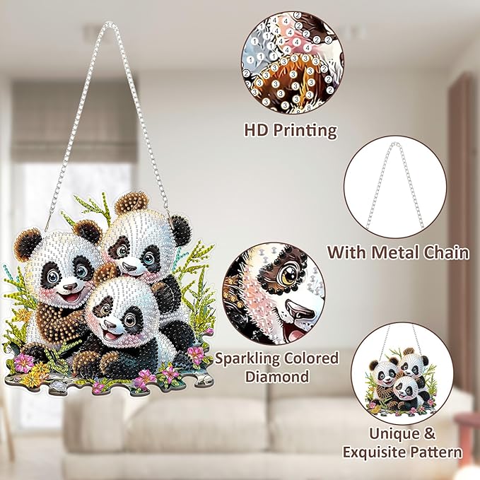 SENQAO Panda Hanging Diamond Art Painting Kits for Adults Beginners, 5D Special Shape Diamond Art Kits, Cute Panda Crystal Rhinestones Diamond Gem Art Painting for Home Garden Wall Decor