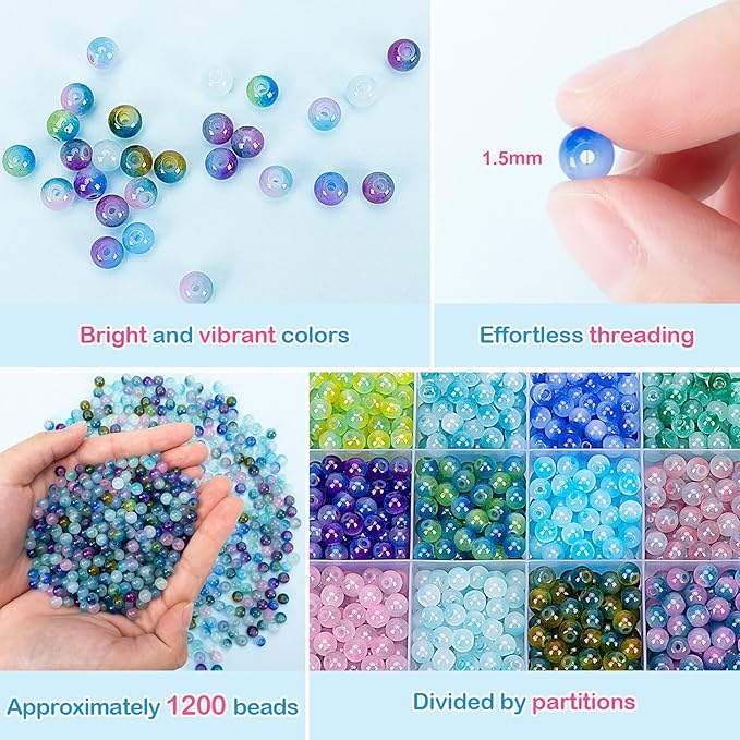 XSEINO About 1200+ pcs 6mm Glass Beads Bracelet Making Kit, 24 Assorted Blue Bi-Color Fusion Series Crystal Beads for Jewelry Making, DIY Crafts, Friendship Bracelets