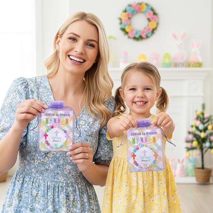 BeYumi Easter Bracelet Craft Kit - 24Pcs Pack Easter Christian Bunny Cross Beads Bracelets with Jesus Is Risen Gift Cards DIY Religious Faith Peeps Craft Kit Party School Classroom Fun Activities Kids