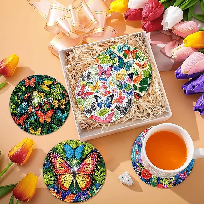 EWJRNSF 8 PCS Diamond Art Coasters Kit, Small Diamond Painting Coasters, Fall Butterfly Diamond Art Kits for Adults Beginners, Arts and Crafts Supplies Item Sets with Holder