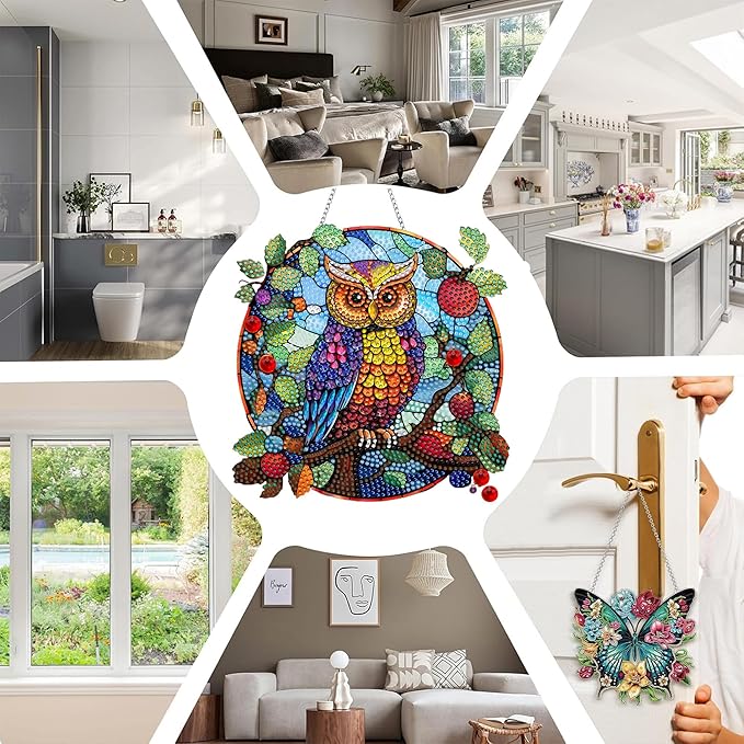 SKRYUIE Owl Hanging Diamond Art Kits for Adults Pendant Suncatcher, Special Shaped Crystal DIY Pearl Diamond Painting Kit, Gift for Mother Spring Summer Window Wreath Decor 7.72 x 7.64 Inch A10