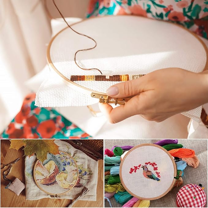 Sherbo 3 Pieces Beech Wood Embroidery Hoops Set By 4 Inch to 6 Inch Circle Hoop Ring Cross Stitch Cotton for DIY Embroidery Floss Starter of Sewing Art Kits Crafts