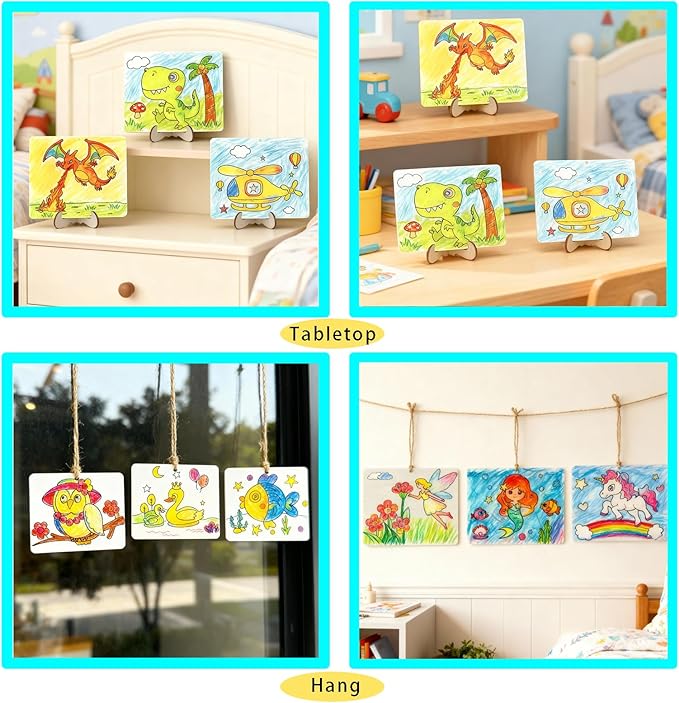 10pcs Wooden Ornaments to Paint - 5.9x4.7in Unfinished Wooden Shapes with Double-Sided Designs - Safe Rounded Corners,Hang or Display with Stand - Painting Kits for Kids Ages 4-8