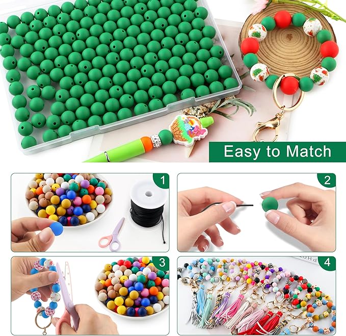 160Pcs 12mm Silicone Beads for Keychain Making Bracelet Necklace, Bulk Round Silicone Beads for Pens（Christmas Green）
