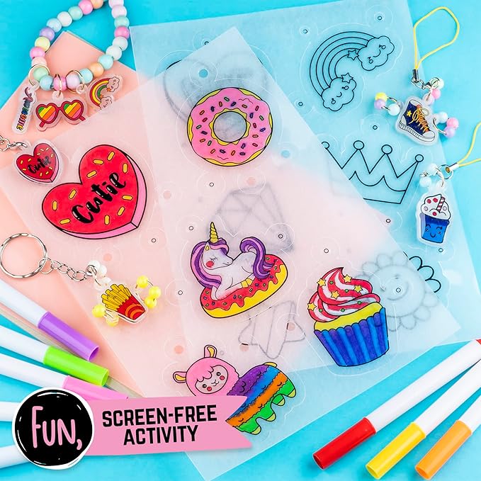 GirlZone Shrink Craft Kit - Pre-Designed Shrink Plastic Sheets & Chalk Pens - DIY Keychain Making Kit & Fridge Magnet Crafts - Screen-Free Kid Art Activity - Ages 8-12, Pre-Designed