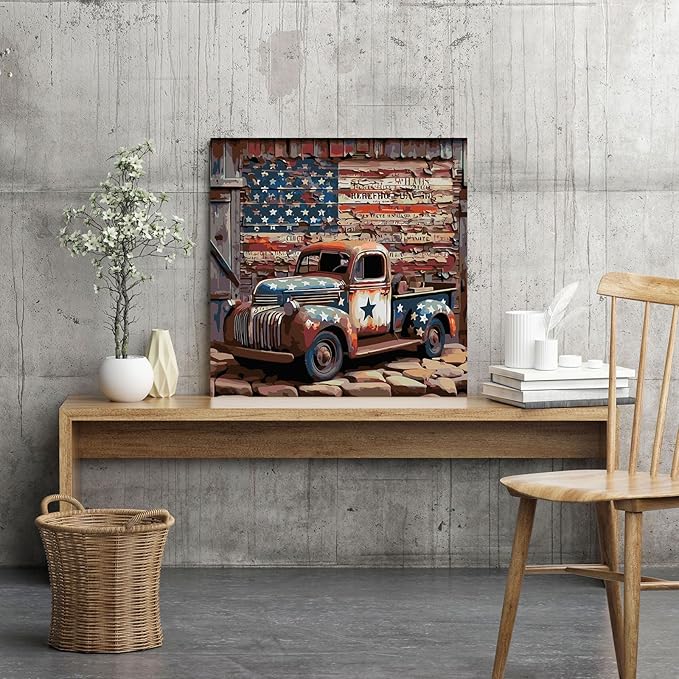 CHWGLFGG Vintage Truck Paint by Numbers Kit for Adults On Canvas,DIY Easy Adult Paint by Number Kits American Flag,Paint by Color Acrylic Paint Painting Home Wall Decor 16x16inch (Without Frame)