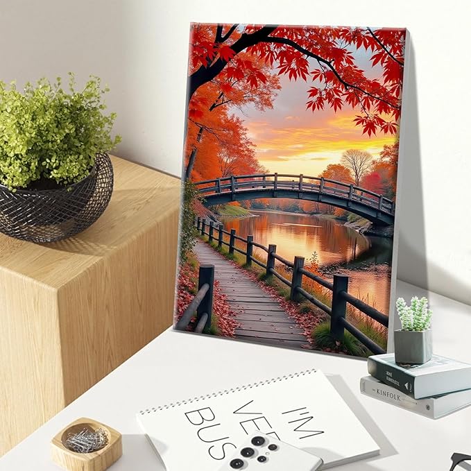 JOOZ Paint by Numbers Kit for Adults with Frame Autumn Landscape Paint by Number with Easel Forest Adult Paint by Number Kits Framed Canvas Bridge Oil Painting Kits for Home Wall Decor 8x12 Inch