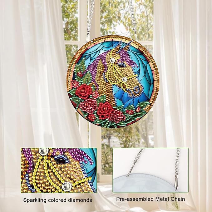 LazyFold Hanging Ornament, Diamond Painting Kits Hanging Pendants - DIY Horse Rose 5D Crystal Rhinestone Art, Home Garden Wall Door Birthday Festival Gift