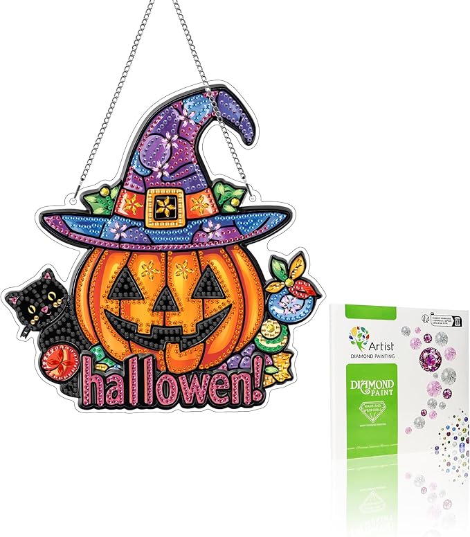 VAIIEYO Halloween Diamond Art Hanging Ornament, Black Cat Pumpkin Diamond Painting Suncatchers Window Hanging Kit with Chain, 7.5x7.5 inch Pendant Art Craft for Gift Home Wall Front Door Decoration