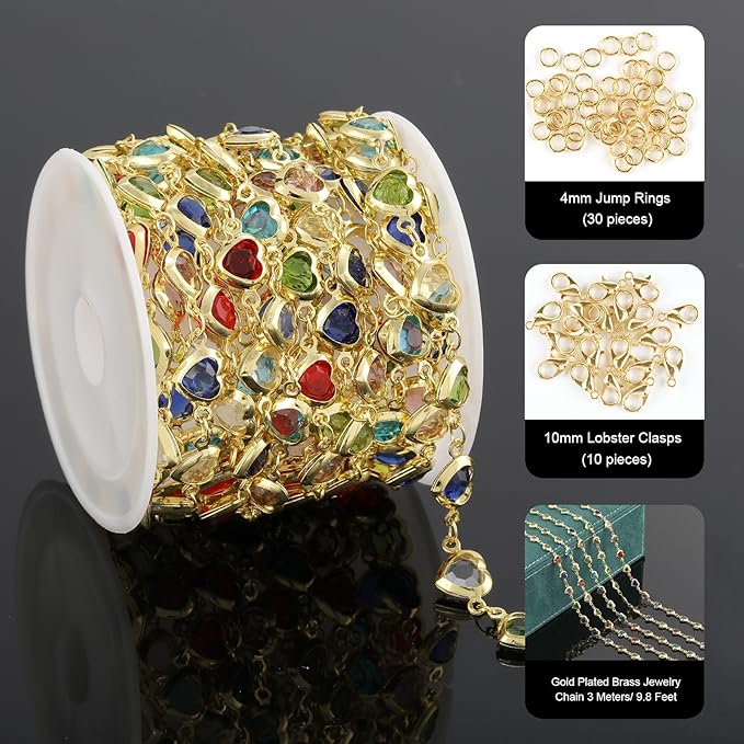 UMAOKANG 3 Meters Colorful Glass Bead Chain for Jewelry Making 18K Gold Plated Brass Chains Bulk Heart Chain for Women Necklace DIY Jewelry Making Chain
