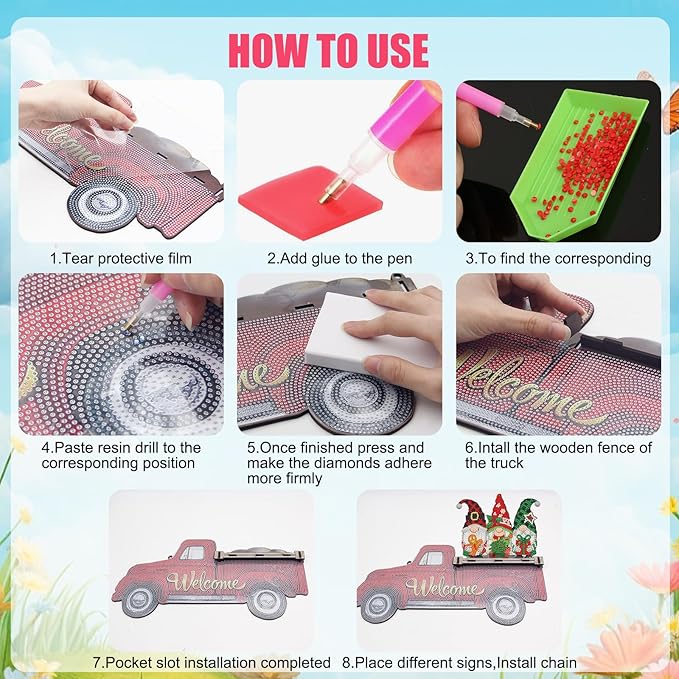APCGSM 16PCS Interchangeable Diamond Painting Welcome Sign for Front Door Holiday Gnome Decor Red Truck Hanging Sign Diamond Art Painting Kits for Adults Interchangeable Seasonal Decor for Home Wall