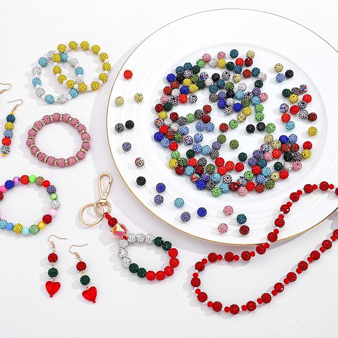 100PCS Rhinestone Beads Jewelry Making kit，10mm Crystal Color Round Sparkle Clay Beads Disco Ball Bulk Baseball Necklace Bracelets Earrings Keychain Bag Charm DIY Crafts (Pack of 2)