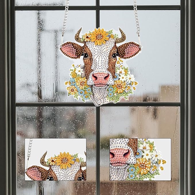 AiYuanzsh Cow Diamond Art Hanging Pendant Kit, 5D DIY Acrylic Crystal Rhinestones Diamond Painting Ornament, Wall Door Window Decoration, Handmade Craft Gift for Adults