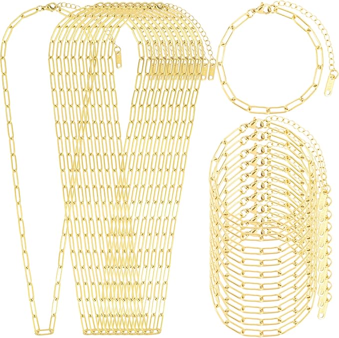 20 Pcs Chain Necklace Bracelets Kit, 18K Gold Paperclip Chain, Including 18 Inch Necklace & 6.5 Inch Charm Bracelet with Lobster Clasps, Perfect for Women DIY Jewelry Making