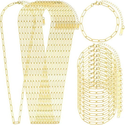 20 Pcs Chain Necklace Bracelets Kit, 18K Gold Paperclip Chain, Including 18 Inch Necklace & 6.5 Inch Charm Bracelet with Lobster Clasps, Perfect for Women DIY Jewelry Making