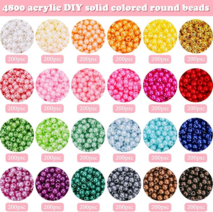 BONNY BOXX 4880 PCs Pearl Beads Set for Jewelry Making, 4MM Round ABS Faux Pearls with Holes for Bracelets, Necklaces, Earrings, Vase Filler