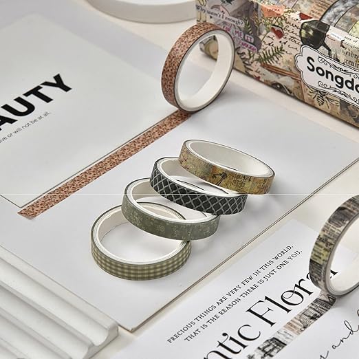 20 Rolls Skinny Vintage Washi Tape Set Retro Arts Adhesive Tapes Basic Patterns Decorative Masking Tape Sets for Craft, Kids, Scrapbook, DIY, Gift Wrapping (Elegance in Time)