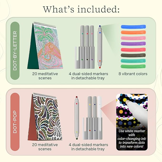 Lifelines FlowArt Activity Pads, 4-Pack - Guided Art Meditations with 4 Sets of Markers & 80 Scenes - Color by Number/Letter, Dot Art and More Coloring Books for Tweens, Adults & Seniors