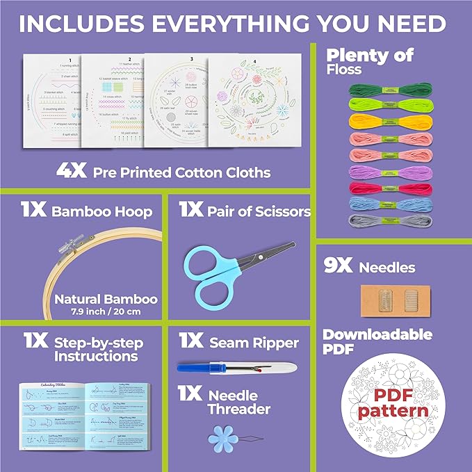 Craftwiz 4-Piece Starter Embroidery Kit for Beginners and Expert with Simple Patterns, Learn 29 Stitches with Hand Embroidery Kit