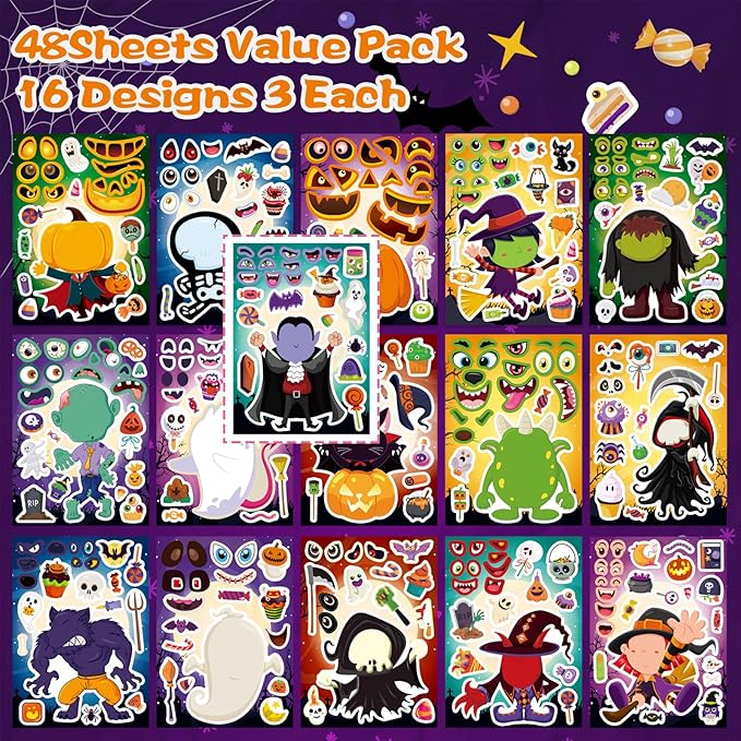 48 sheets halloween make a face stickers for kids, 16 design make your own character mix and match stickers sheets halloween party favor