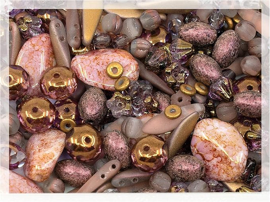 2.1oz (60 g) Mix of Unique Czech Bohemia Glass Pressed Beads, Matte and Glossy, Hand Made, Antique Copper Pink