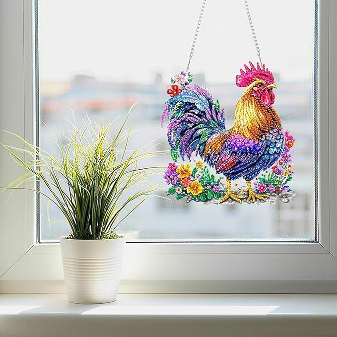 SENQAO Chicken Diamond Art Hanging Kit for Adult, Special Shaped Rhinestone, DIY Acrylic 5D Diamond Art Painting Window Pendants Home Garden Wall Hanging Kits Hanging Ornament