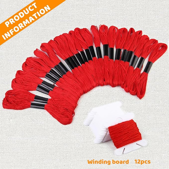 24 Skeins Red Embroidery Floss, Red Embroidery Cross Floss, Embroidery Thread Floss Set Including Plastic Floss Bobbins for Embroidery and Sewing