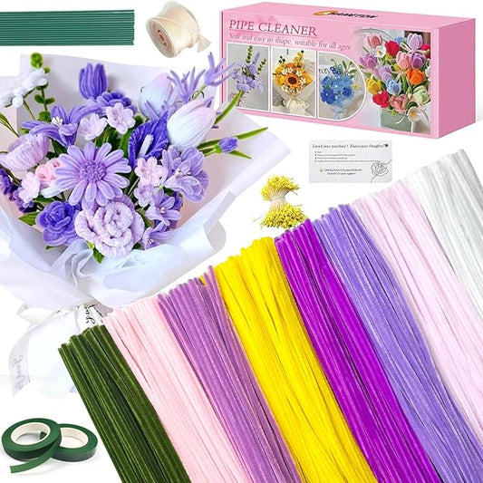 985-Piece Jumbo Size Premium Muti-Color Pipe Cleaner Craft Kit with Floral Supplies - Chenille Stems, Flower Wires, Stamens & Video Tutorial for Wedding Decorations (Purple Pink Set, Jumbo Craft Set)