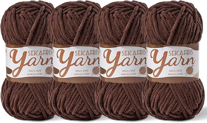 4 Pack Fluffy Velvet Yarn for Crocheting，Baby Blanket Yarn for Crocheting Soft，200g(262.4yds) Amigurumi Yarns，Plush Chenille Crochet Yarns，Puzzle Yarn for Crochet Weaving Craft(4 Dark Coffee)