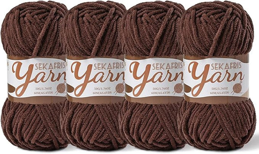 4 Pack Fluffy Velvet Yarn for Crocheting，Baby Blanket Yarn for Crocheting Soft，200g(262.4yds) Amigurumi Yarns，Plush Chenille Crochet Yarns，Puzzle Yarn for Crochet Weaving Craft(4 Dark Coffee)