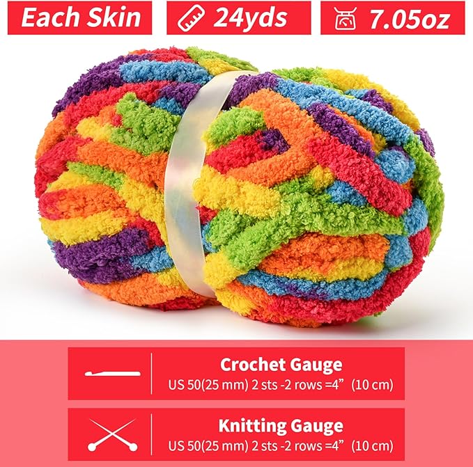 10 Pack Jumbo Chunky Yarn for Hand Knitting, Fluffy Chunky Chenille Yarn for Crocheting, Variegated Chunky Knit Baby Blanket Yarn, 240 yds /70.5 oz Super Bulky Yarn（Rainbow）
