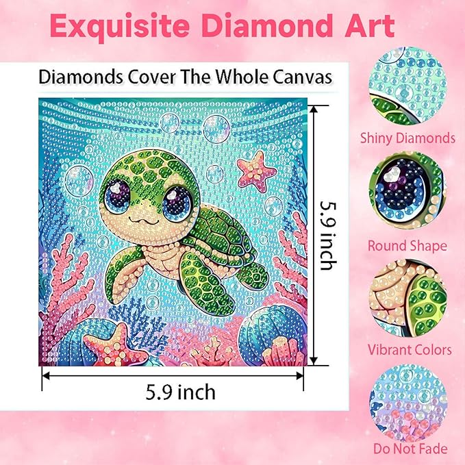 Sea Turtle Diamond Art Painting Kits for Kids with Frame, Turtle Diamond Art for Kids Ages 4-8-12 with Frame, Easy Small Cute Animal Gem Painting Kit for Gift Home Wall Decoration (7x7 inch)