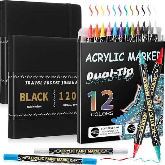 Thenshop 2 Pcs/200 Sheets Black Paper Sketchbook with 12 Metallic Marker Pens Set 5.5 x 5.5 in Black Writing Page Journal Notebook for Colored Gel Pens PU Hardcover Drawing Gifts