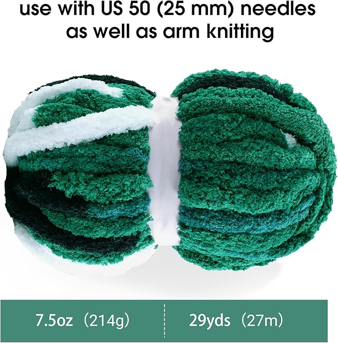 MABOZOO Tie Dye Chunky Yarn for Crocheting 8 Pack,Green,Black,White Fluffy Jumbo Chenille Yarn,Soft Plush Yarn Bulky,Giant Thick Fuzzy Yarn for Hand Knitting or Arm Knitting (26 yds,7.5 oz Each Skein)