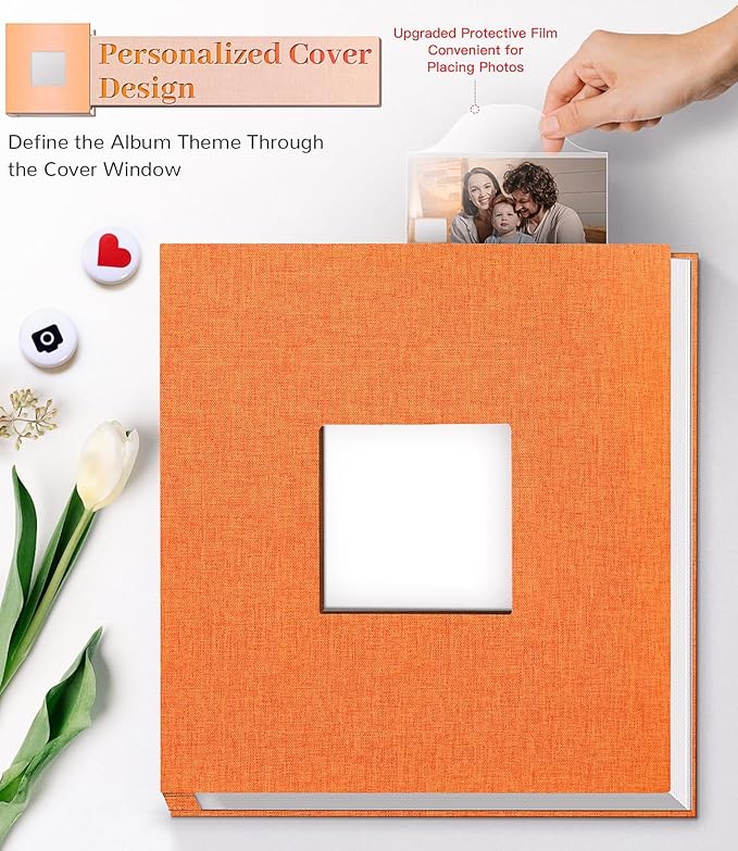 Photo Album Self Adhesive Scrapbook Album for 3x5 4x6 5x7 8x10 Pictures,40 Pages Linen Cover with Display Window DIY Photo Book,Ideal Gifts for Family Travel Wedding Baby